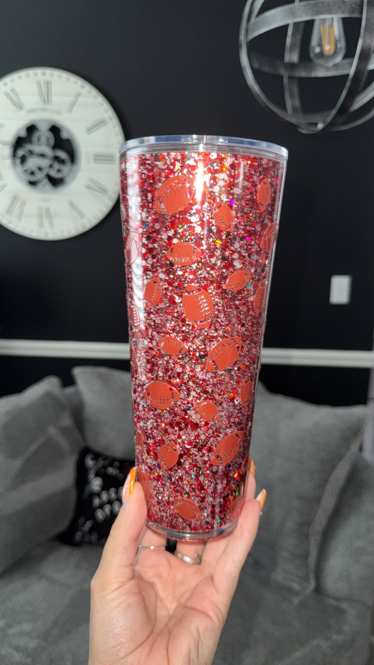 Premade 24oz: Red/White Football Glitter Cup